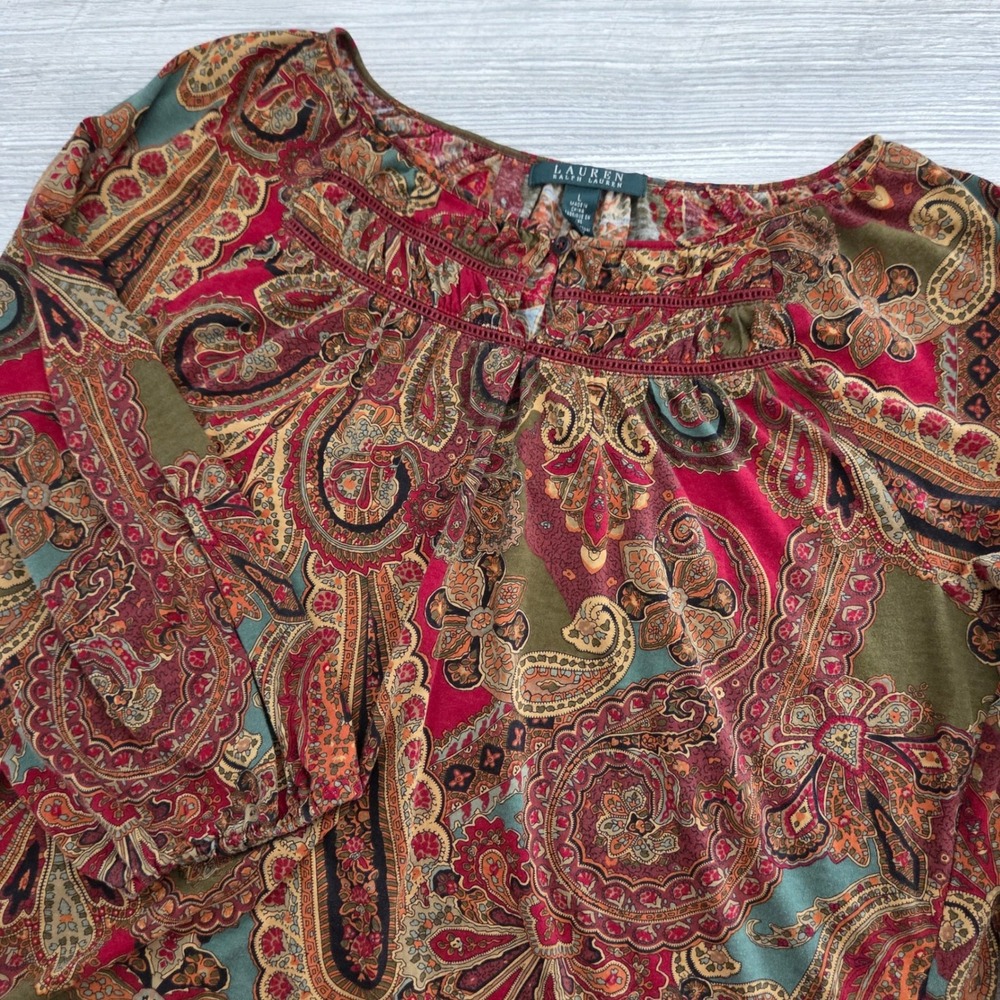 Lauren Ralph Lauren Paisley Blouse Red Olive Boho Cotton Top Womens Large